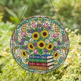 Art Lovers' Tiffany Style Stained Glass Floral Bouquet with Sunflowers, Books, Garden Path & Jewel Tones Stained Glass Suncatcher