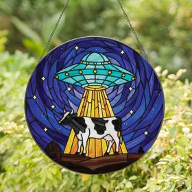 Sci-Fi Art Lovers' Tiffany Stained Glass UFO Cow Abduction, Detailed Starry Night Mosaic, Turquoise Amber Red Jewel Tones, Black Lead Lines Stained Glass Suncatcher