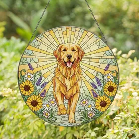 Golden Retriever Lovers' Tiffany-Style Stained Glass Wildflower Golden Retriever Jewel Tone Art Pattern Stained Glass Suncatcher