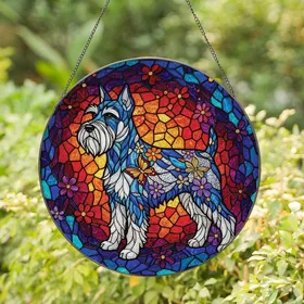 Schnauzer Lovers' Vibrant Stained Glass Schnauzer Dog Profile Gold Butterflies Floral Mosaic Design with Jewel Tones Stained Glass Suncatcher