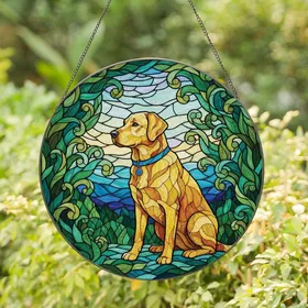 Dog Lovers' Intricate Tiffany Stained Glass Labrador Profile Golden Blue Teal Mosaic Stained Glass Suncatcher