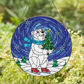 Holiday Lovers' Tiffany Style Stained Glass Polar Bear Christmas Tree Ruby Red Gold Jewel Tone Winter Mosaic Stained Glass Suncatcher