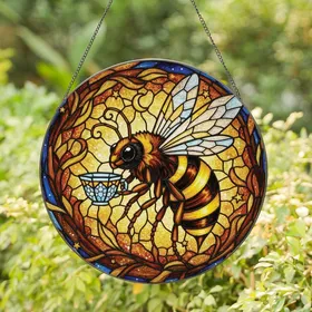 Nature Lovers' Tiffany Stained Glass Honeybee Teacup Golden Amber Blue Organic Mosaic Stained Glass Suncatcher