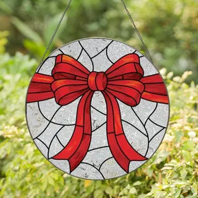 Holiday Enthusiasts' Translucent Stained Glass Red Bow Intricate Crimson Orange Mosaic Art Stained Glass Suncatcher