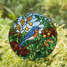 Nature Lovers' Vibrant Tiffany Stained Glass Bluebird & Intricate Green Foliage Mosaic Stained Glass Suncatcher