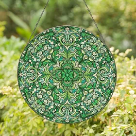 Art Lovers' Vibrant Tiffany Stained Glass Clover Mandala Emerald Teal Cream Botanical Mosaic Stained Glass Suncatcher