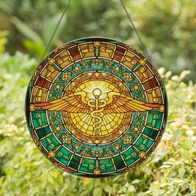 Art Enthusiasts' Intricate Tiffany Stained Glass Caduceus Wings Yellow Teal Orange Green Mosaic Stained Glass Suncatcher