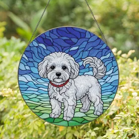 Bichon Frise Lovers' Fluffy White Dog Stained Glass Tiffany Style Jewel Tone Intricate Mosaic Sky Cloud Pattern Stained Glass Suncatcher