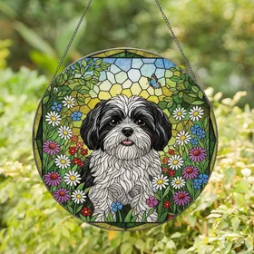 Shih Tzu Lovers' Intricate Tiffany Stained Glass Black White Shih Tzu Wildflower Mosaic Art Stained Glass Suncatcher
