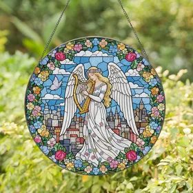 Art Lovers' Tiffany Stained Glass Angel-like Woman Floral Harp Jewel Tone Cityscape Mosaic Stained Glass Suncatcher