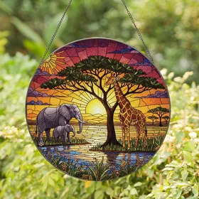 Nature Lovers' Glowing Tiffany Stained Glass African Sunset Acacia Giraffe Elephant Jewel Tone Mosaic Stained Glass Suncatcher