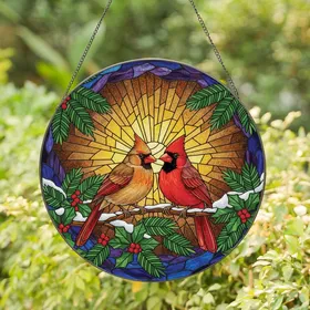 Art Lovers' Tiffany Style Red Cardinal Birds Winter Forest Mosaic Jewel Tone Pattern Stained Glass Suncatcher