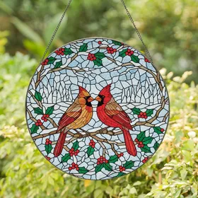 Nature Lovers' Tiffany Stained Glass Northern Cardinals Winter Jewel-Toned Mosaic Stained Glass Suncatcher
