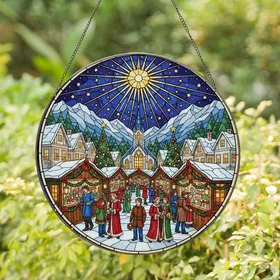 Christmas Lovers' Intricate Stained Glass Winter Market Village & Golden Star Mosaic Stained Glass Suncatcher