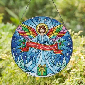 Christmas Enthusiasts' Radiant Stained Glass Angel Rainbow Wings Red Green Blue Merry Christmas Mosaic Stained Glass Suncatcher