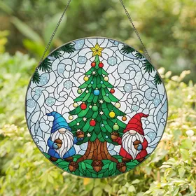Holiday Enthusiasts' Jewel Tone Stained Glass Christmas Tree Gnomes Winter Snowflake Mosaic Stained Glass Suncatcher