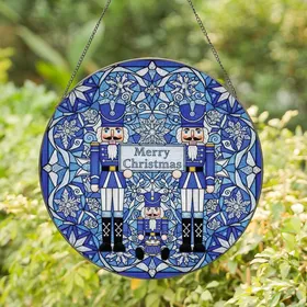 Christmas Lovers' Tiffany-Style Stained Glass Nutcracker, 'Merry Christmas' Banner, Blue Mosaic Snowflakes Stained Glass Suncatcher