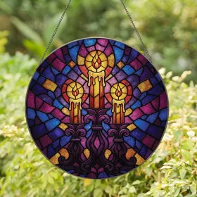 Art & Decor Enthusiasts' Tiffany Style Stained Glass Lit Candles Jewel Tone Geometric Mosaic Stained Glass Suncatcher