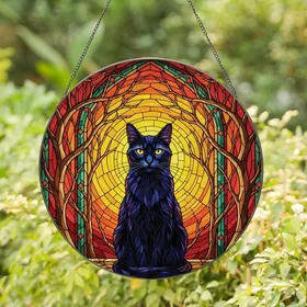 Cat Lovers' Majestic Black Cat Stained Glass Art Mosaic Fiery Sunset Sky Luminous Yellow Eyes Tree Branches Stained Glass Suncatcher