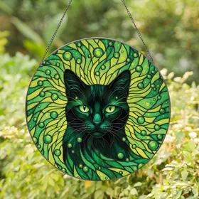 Cat Lovers' Stained Glass Black Cat Portrait Emerald Green Yellow Mosaic Aura Design Stained Glass Suncatcher