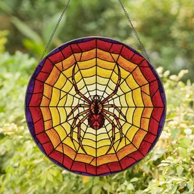 Fantasy Art Enthusiasts' Intricate Stained Glass Black Spider Web Jewel Tone Geometric Mosaic Design Stained Glass Suncatcher