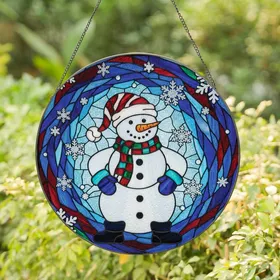 Holiday Enthusiasts' Vibrant Tiffany Style Snowman & Snowflake Winter Mosaic Edge-to-Edge Design Stained Glass Suncatcher