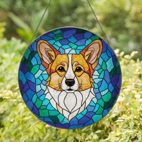 Corgi Lovers' Intricate Stained Glass Corgi Portrait Blue Teal Green Jewel Tone Mosaic Stained Glass Suncatcher
