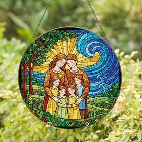 Family Art Lovers' Vibrant Stained Glass Family Embrace Intricate Mosaic Blue Green Orange Yellow Stained Glass Suncatcher