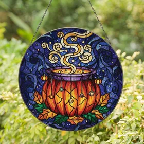 Mystical Decor Lovers' Tiffany Stained Glass Cauldron, Glowing Potion, Emerald Leaves & Deep Purple Mosaic Stained Glass Suncatcher