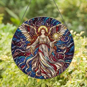 Art Lovers' Stained Glass Angel Cosmic Nebula Tiffany Style Golden Blue Red Teal Stained Glass Suncatcher