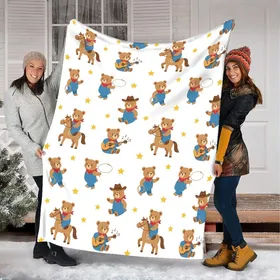 Whimsical Cartoon Cowboy Bear Pattern: Brown Bears, Blue Overalls, Red Bandanas, Yellow Stars Quilt Bedding Set