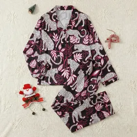 Women's Playful Leopard Jungle Print Sleep Set with Shorts & Top: Black, White & Magenta Design Satin Pajamas Set
