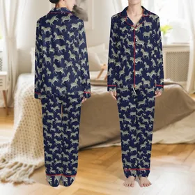 Women's Hand-Drawn Zebra Print Short Sleeve Lapel Collar Pajama Set: Cream & Black Stripes Navy Satin Pajamas Set