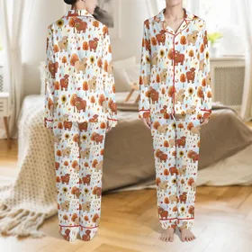 Women's Whimsical Highland Cow Design: Autumn Floral & Sunflower Satin Sleep Ensemble Satin Pajamas Set