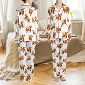 Highland Cow Pajamas: Playful Watercolor Baby Calf Pattern - Fluffy Farm Animal Sleep Set Satin Pajamas Set