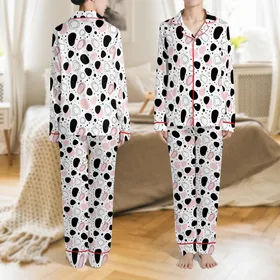 Women's Whimsical Cow Pajama Pants: Organic Black, Pastel Pink & White Blob Print Satin Pajamas Set