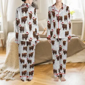 Coquette Highland Cow Christmas Design: Western Santa Hat & Snowflake Digital Art File Satin Pajamas Set