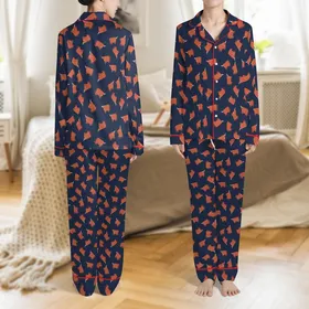 Scotland Enthusiast Highland Cow Navy Stylized Cartoon Flat Art Combed Cotton Socks Satin Pajamas Set