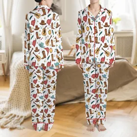 Western Spirit Whimsical Guitars Boots Stars Rustic Country Music Pattern Design Satin Pajamas Set