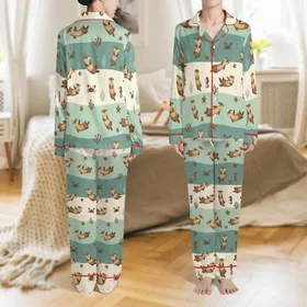 Otter Lover's Whimsical Ocean Otters Scene: Cream, Seafoam & Teal Wearable Design Satin Pajamas Set