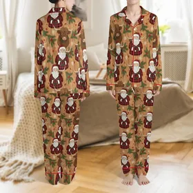 Santa Highland Cow Rustic Plaid Christmas Illustration Art Sublimation PNG File Satin Pajamas Set
