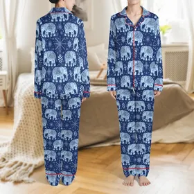 Women's Comfy Elephant Pajamas: Folk Art Indigo Celestial Sky Blue Print Satin Pajamas Set