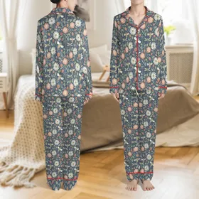 Women's & Kids' Muted Garden Bee Pajama Set: Botanical Insect & Strawberry Print Satin Pajamas Set