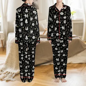 Personalized Sloth Pajamas: Kids, Youth, Adult Black Jungle Vine Flat Art Print Satin Pajamas Set