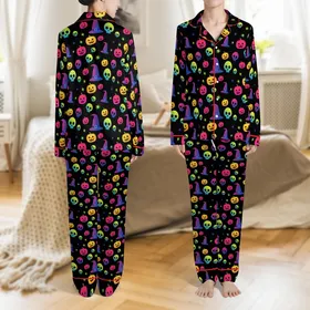 Halloween Lover's Neon Gradient Pumpkin Skull Witch Hat Pattern Low Top Canvas Footwear Satin Pajamas Set