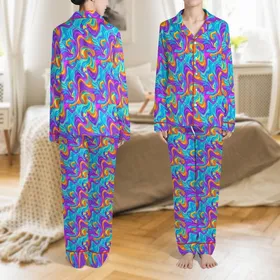 Psychedelic Lover's Vibrant Fluid Art Swirls Turquoise Amethyst Pink Low Top Canvas Sneakers Satin Pajamas Set