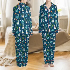 Llama Lover's Playful Pajamas: Cartoon Alpaca, Cactus & Hot Air Balloon Deep Blue Sleep Set Satin Pajamas Set