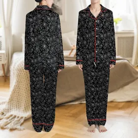 Bridesmaid & Bride Satin Sleepwear: Personalized White Rose Lily Black Floral Calligraphy Set Satin Pajamas Set