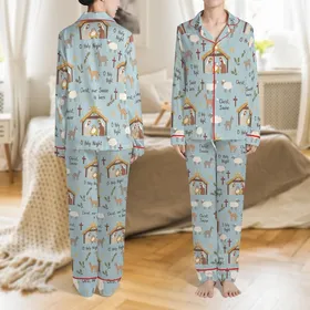 Family Christmas: Oh Holy Night Nativity Scene, Baby Jesus & Holy Family Folk Art Pattern – Soft Knit Polyester Spandex Sleep Set Satin Pajamas Set