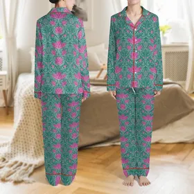 Women's Fuchsia Teal Botanical Damask Lotus Lily Pattern 22 Momme Mulberry Silk Pajama Set Satin Pajamas Set